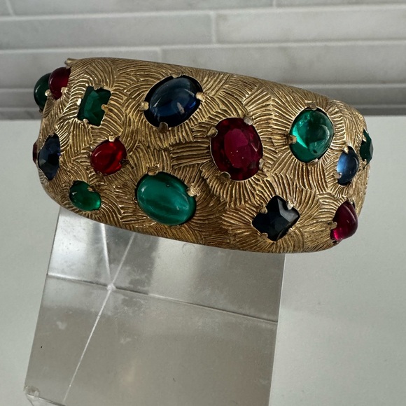 Vtg Castlecliff Cuff Bracelet Gold Tone Wide Unfoiled Glass Cabochons Crystals - Picture 14 of 14